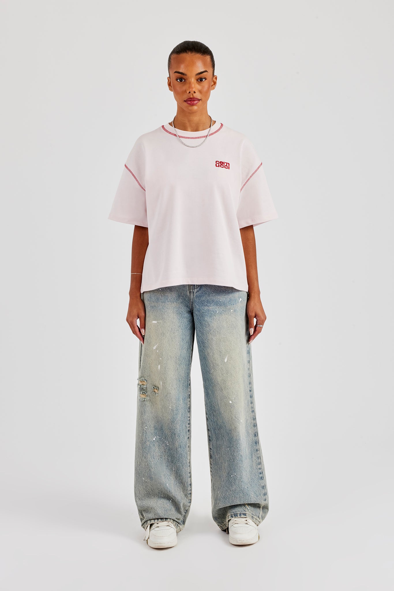 Diamond Cut Contrast Stitch T-Shirt - Baby Pink
